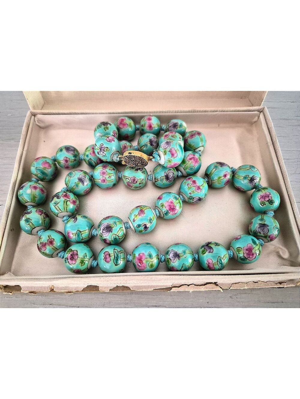 Vintage Chinese Hand-painted Lotus Porcelain 14mm Bead Necklace